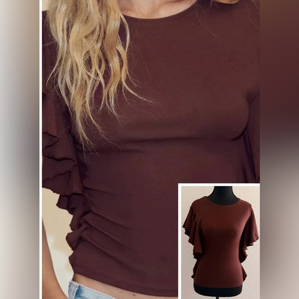 ZARA Chocolate Brown Ruffle Sleeve Blouse | Feminine Chic Top